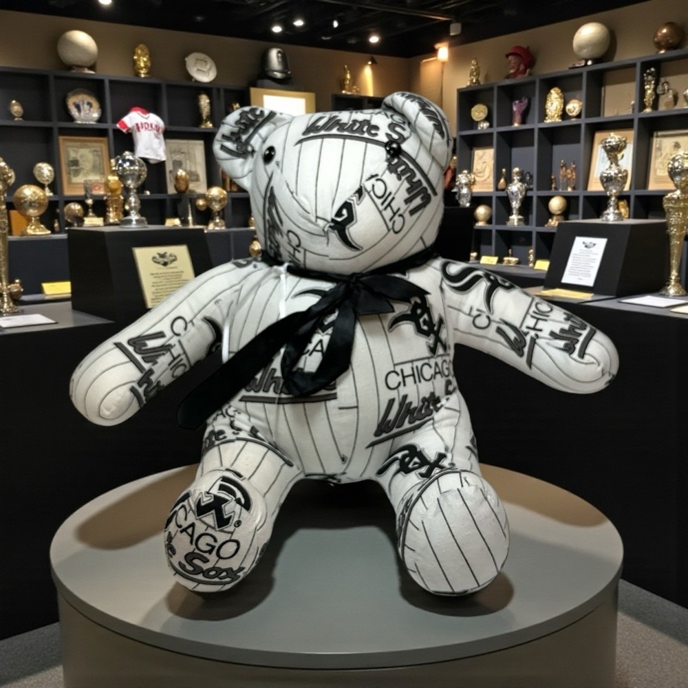 Chicago White Sox Handmade Custom‎ White With Black Stripes Logo Teddy Bear
